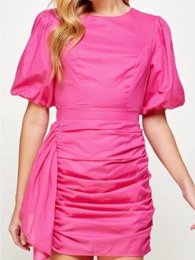 Fuchsia Puff Sleeve Ruched Mini Dress